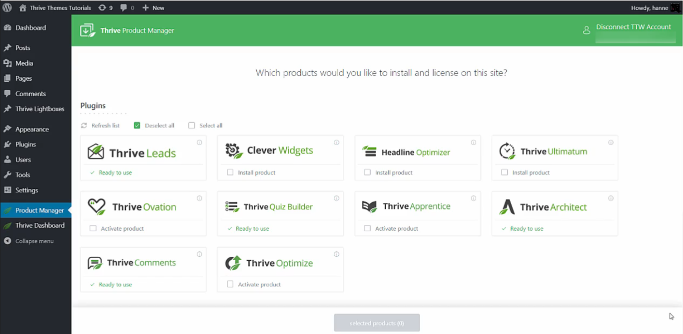 Thrive Themes dashboard in post about thrive themes vs clickfunnels